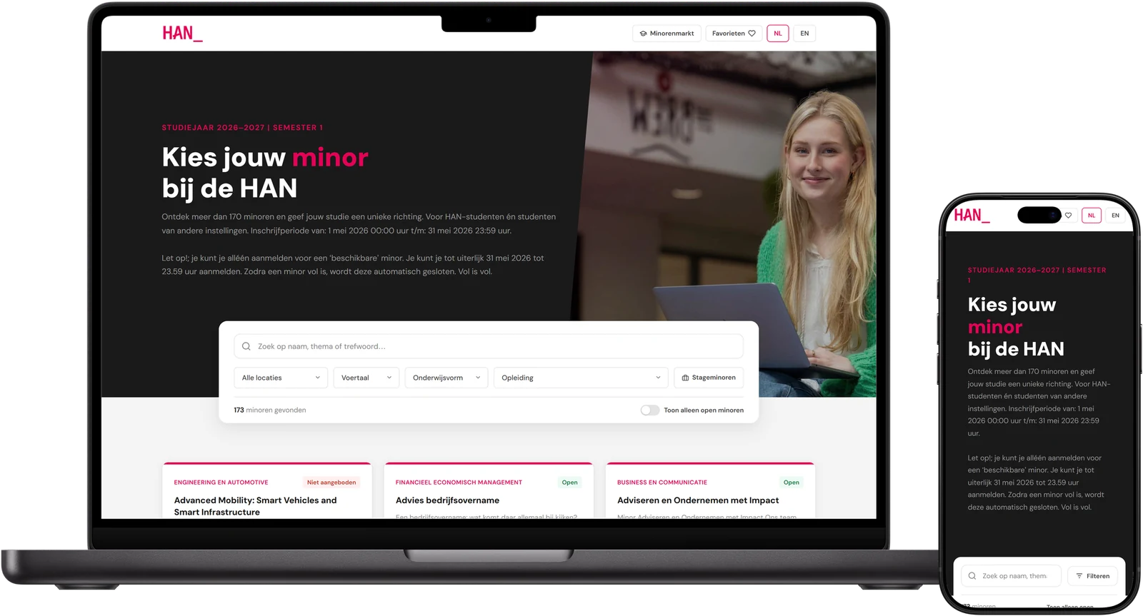 Desktop- en mobiele weergave van HAN Minoren