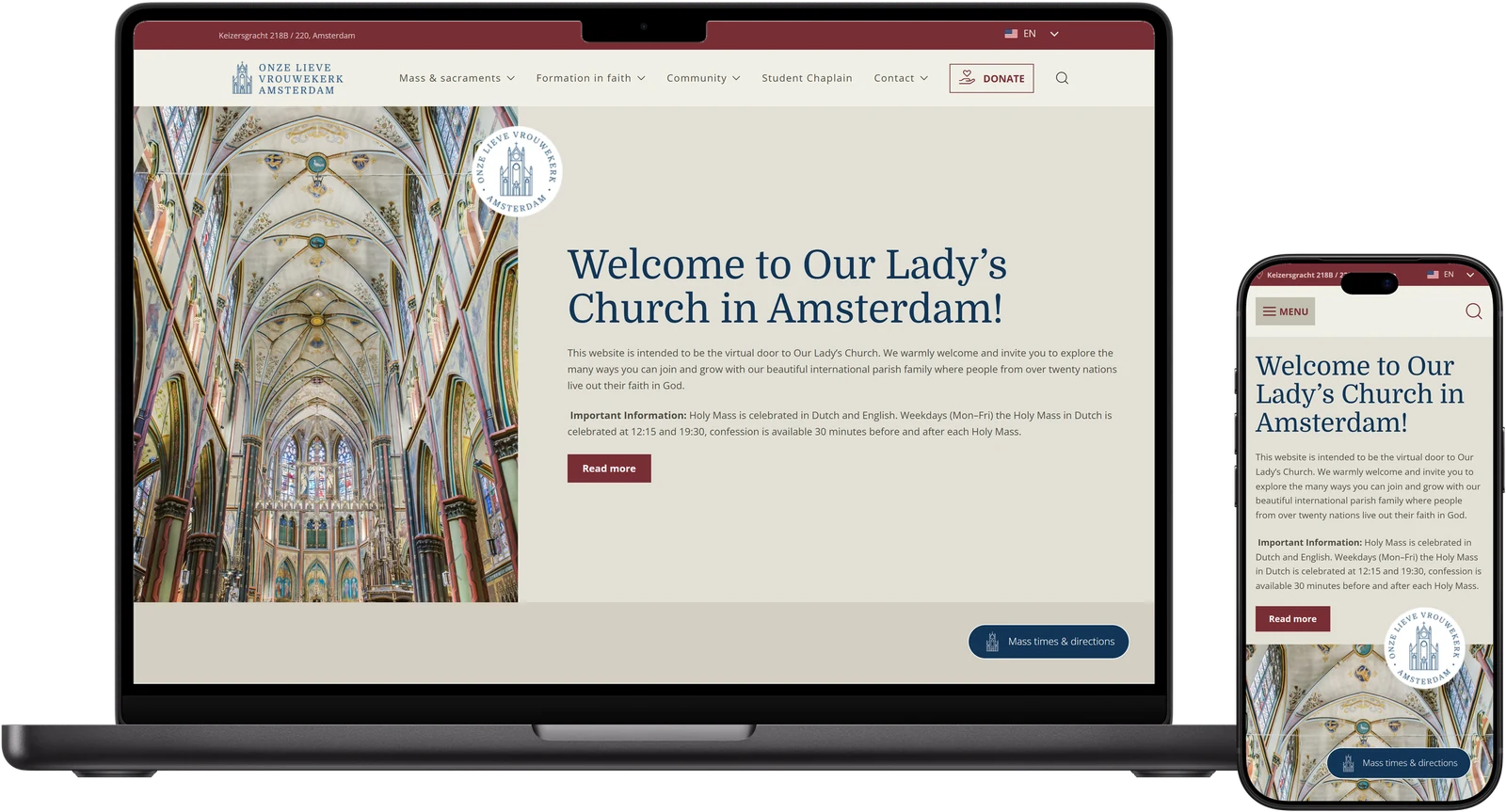 Desktop- en mobiele weergave van OLV Kerk Amsterdam